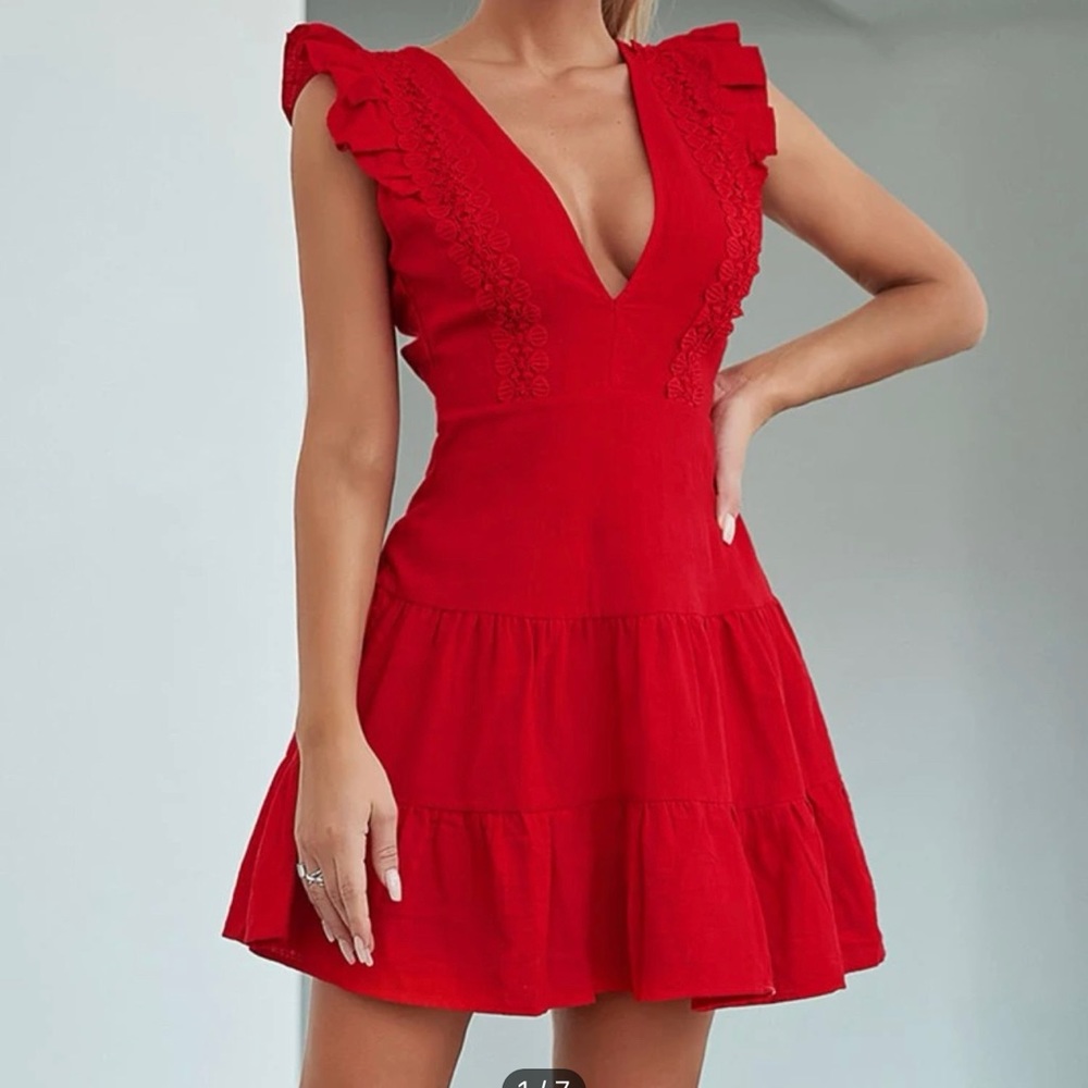 Butterfly Sleeve Lace Trim Ruffle Hem Red Dress